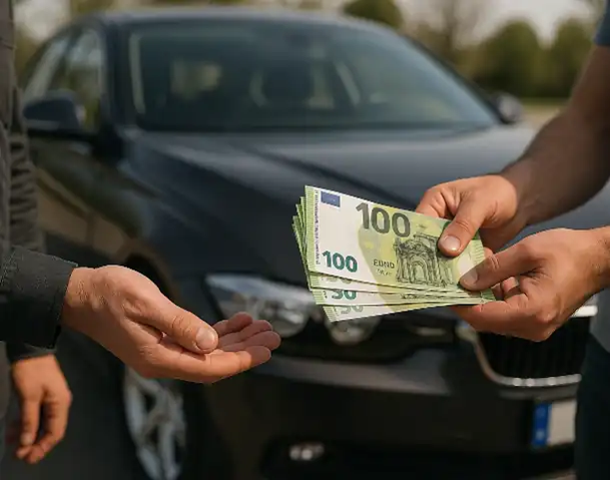 Ein zufriedener Kunde erhält beim Autoankauf in Balingen die Barzahlung für sein Fahrzeug.